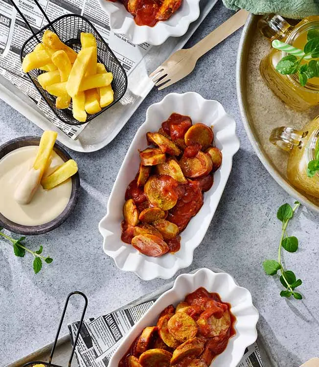 Currywurst com maionese ponzu e molho picante