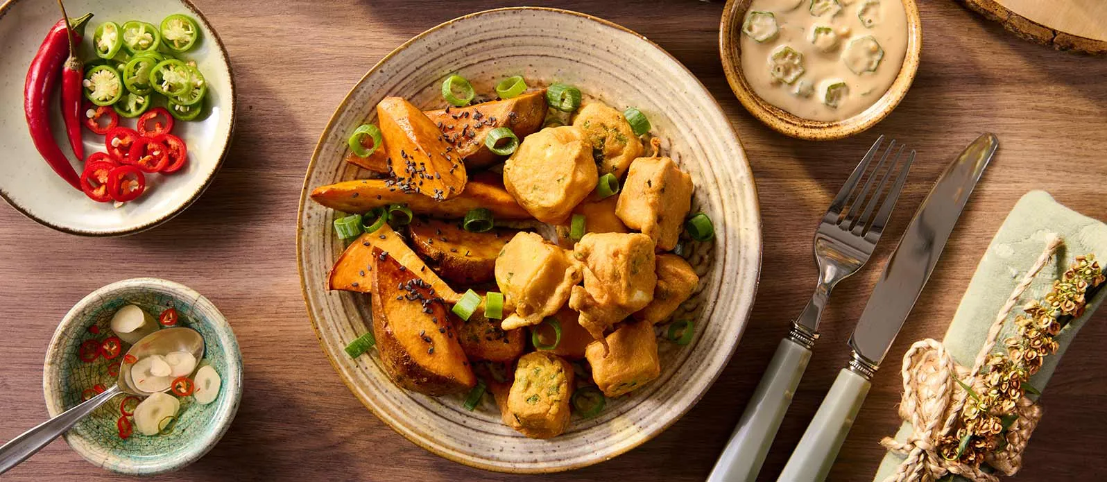 Tofu com crosta de jalapeño com molho de coco e amendoim e quiabo