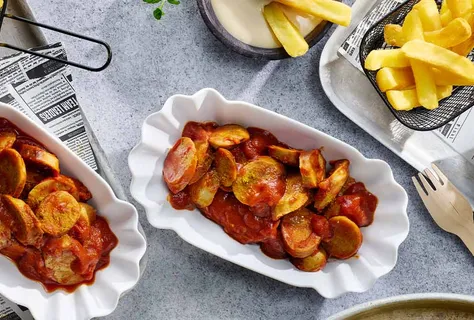 Currywurst com maionese ponzu e molho picante