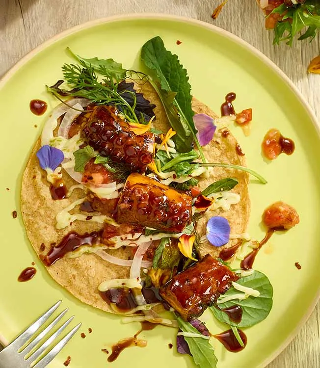 Tacos de polvo teriyaki com tomate e ervas selvagens