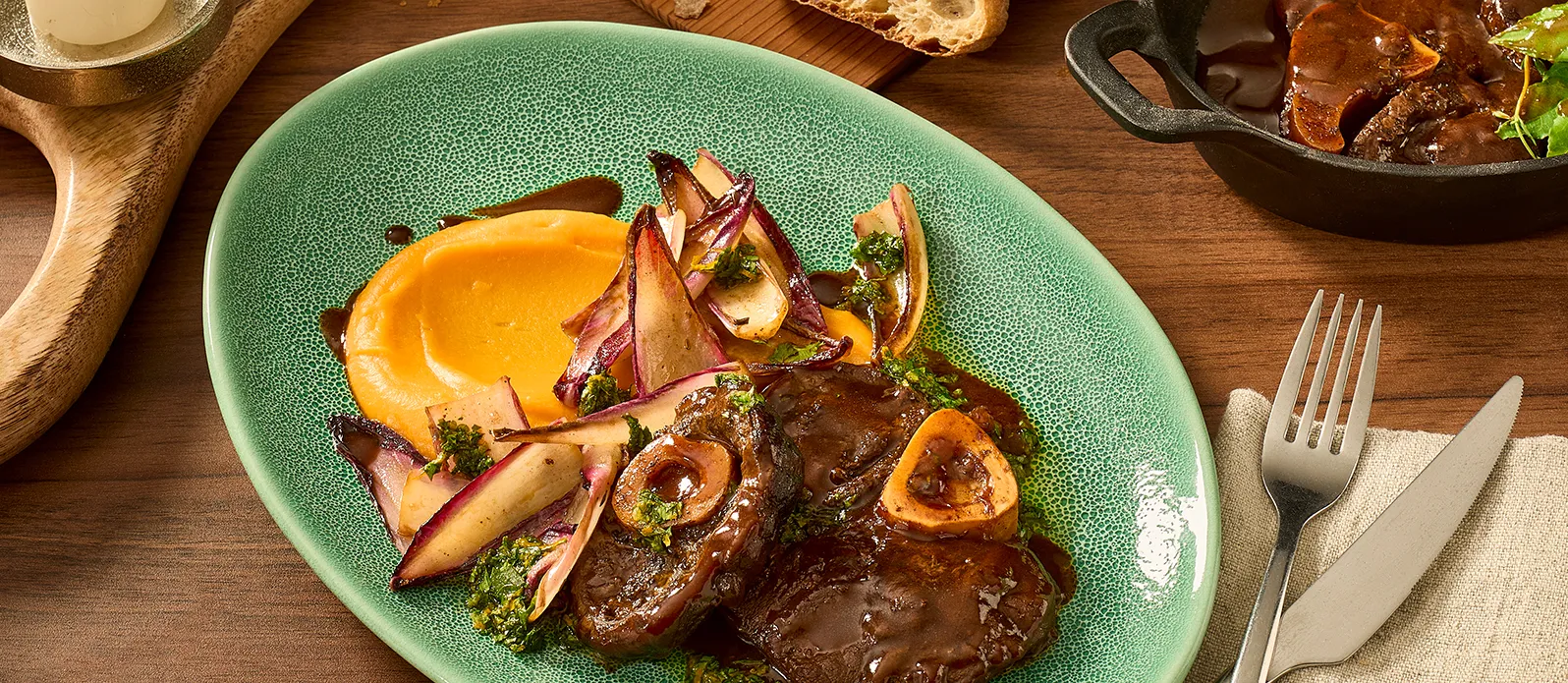 Ossobuco de veado com puré de batata-doce