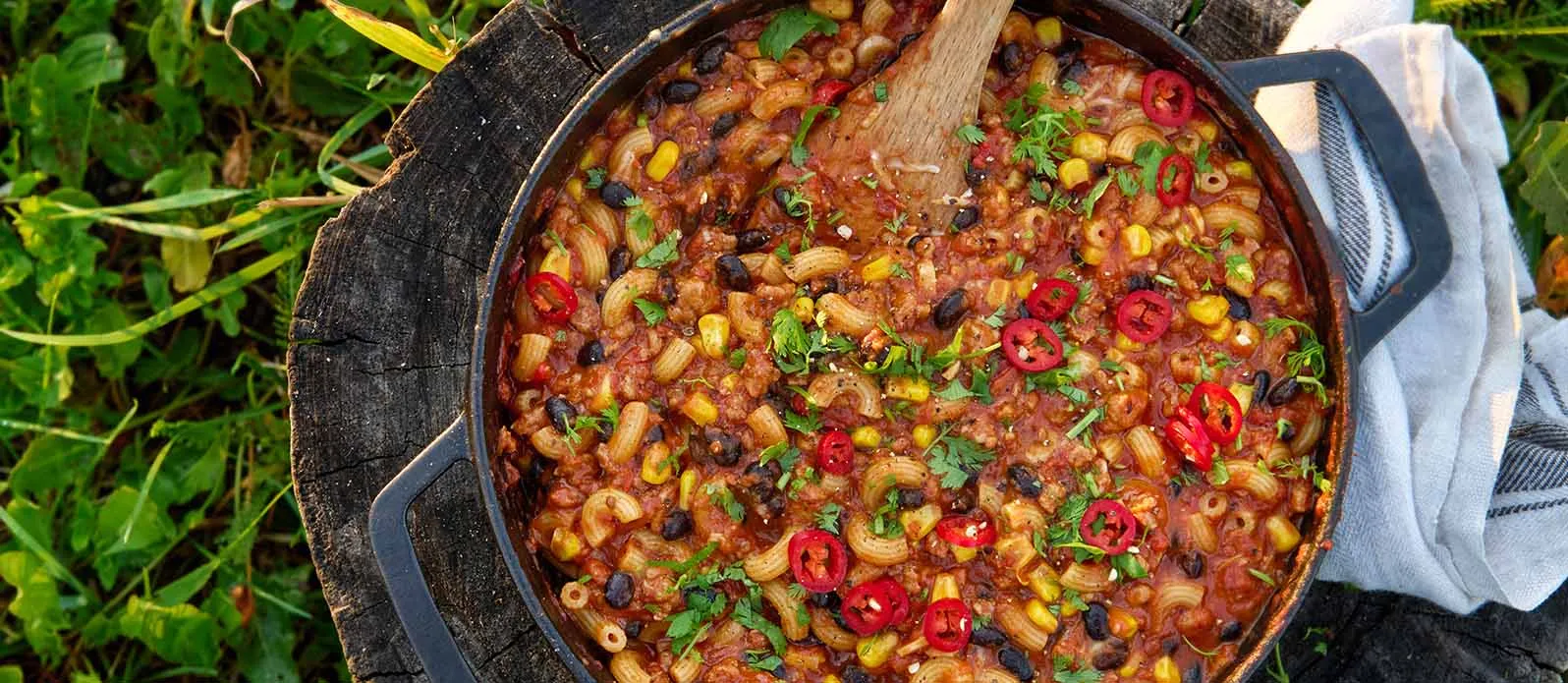 Mac n’ cheese com chili e frango