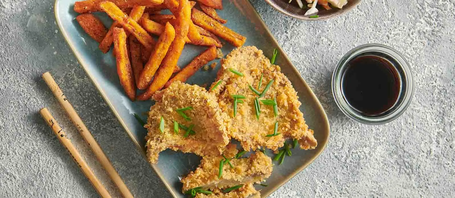 Cogumelos fritos à tonkatsu com batata-doce frita