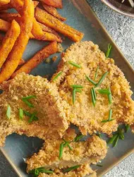 Cogumelos fritos à tonkatsu com batata-doce frita