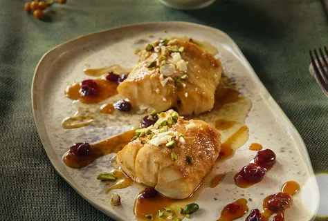 Bacalhau com arandos e miso e cobertura de frutos secos