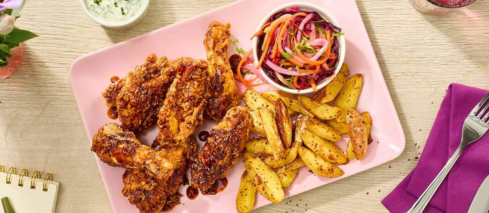 Asas teriyaki com coleslaw e batatas picantes