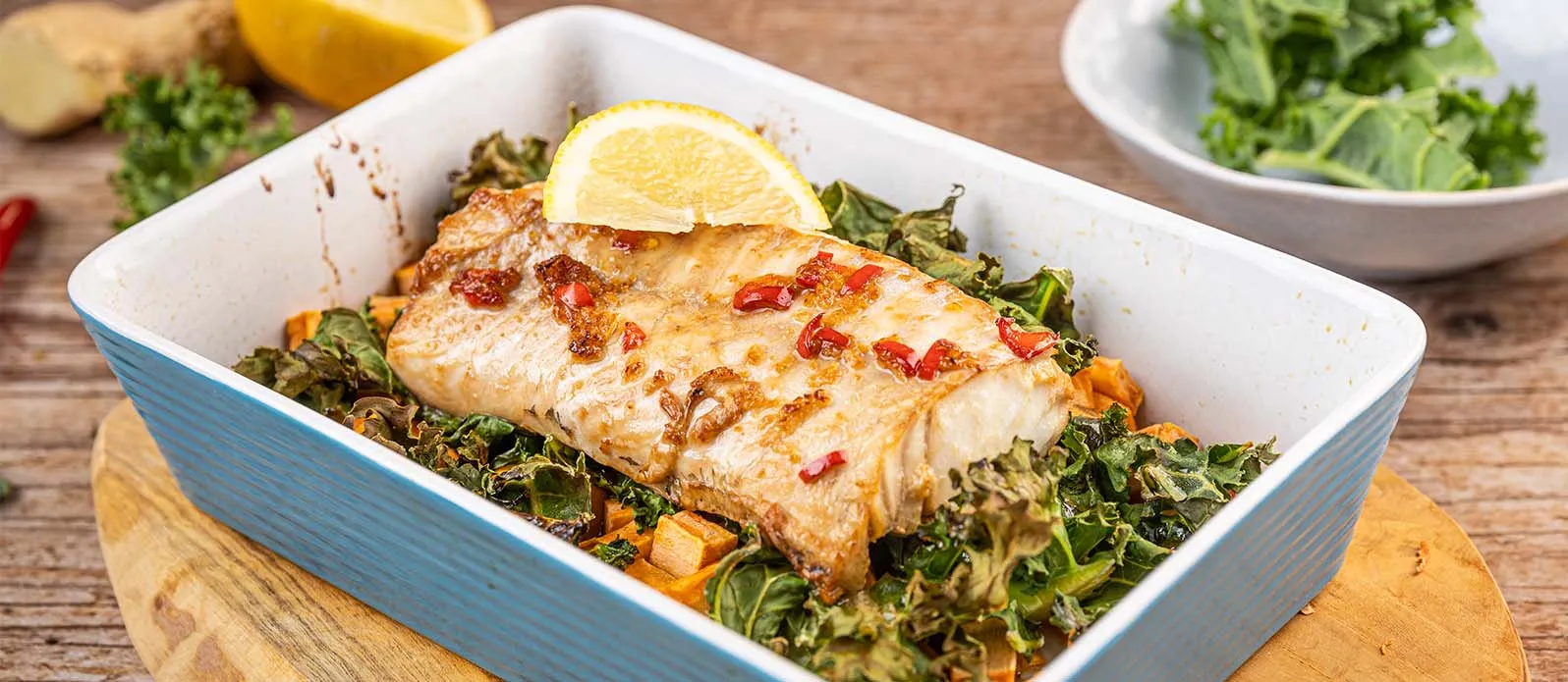 Bacalhau assado com couve e batata-doce