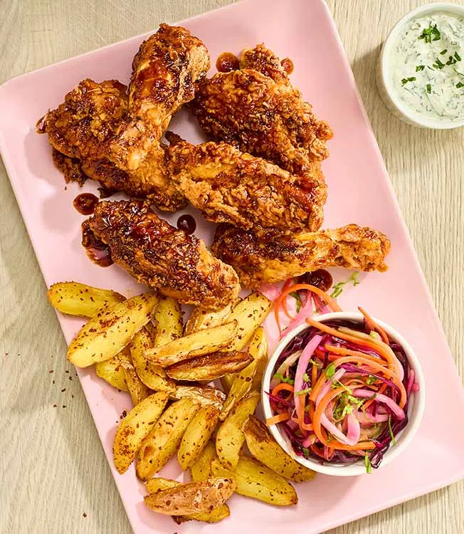 Asas teriyaki com coleslaw e batatas picantes