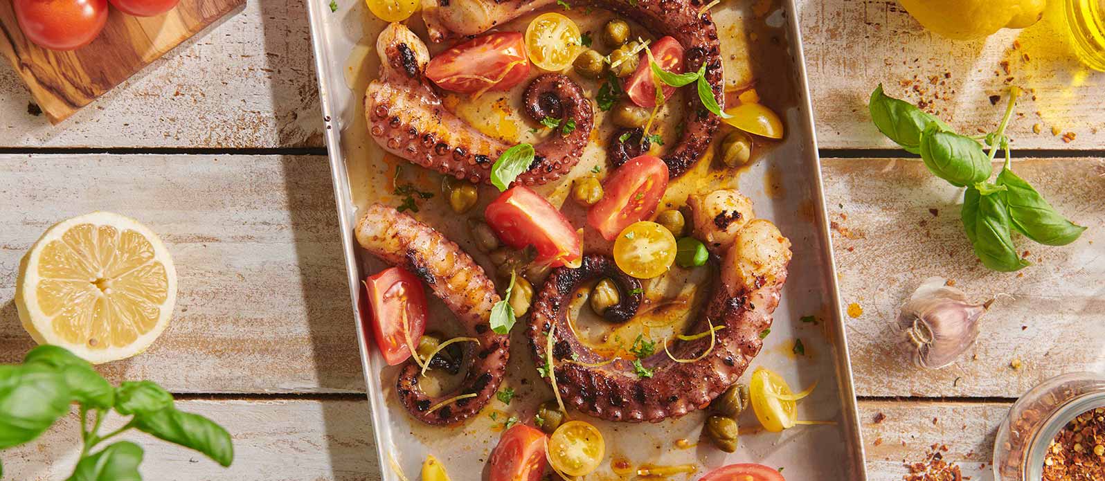 Polvo grelhado com molho ponzu e alcaparras